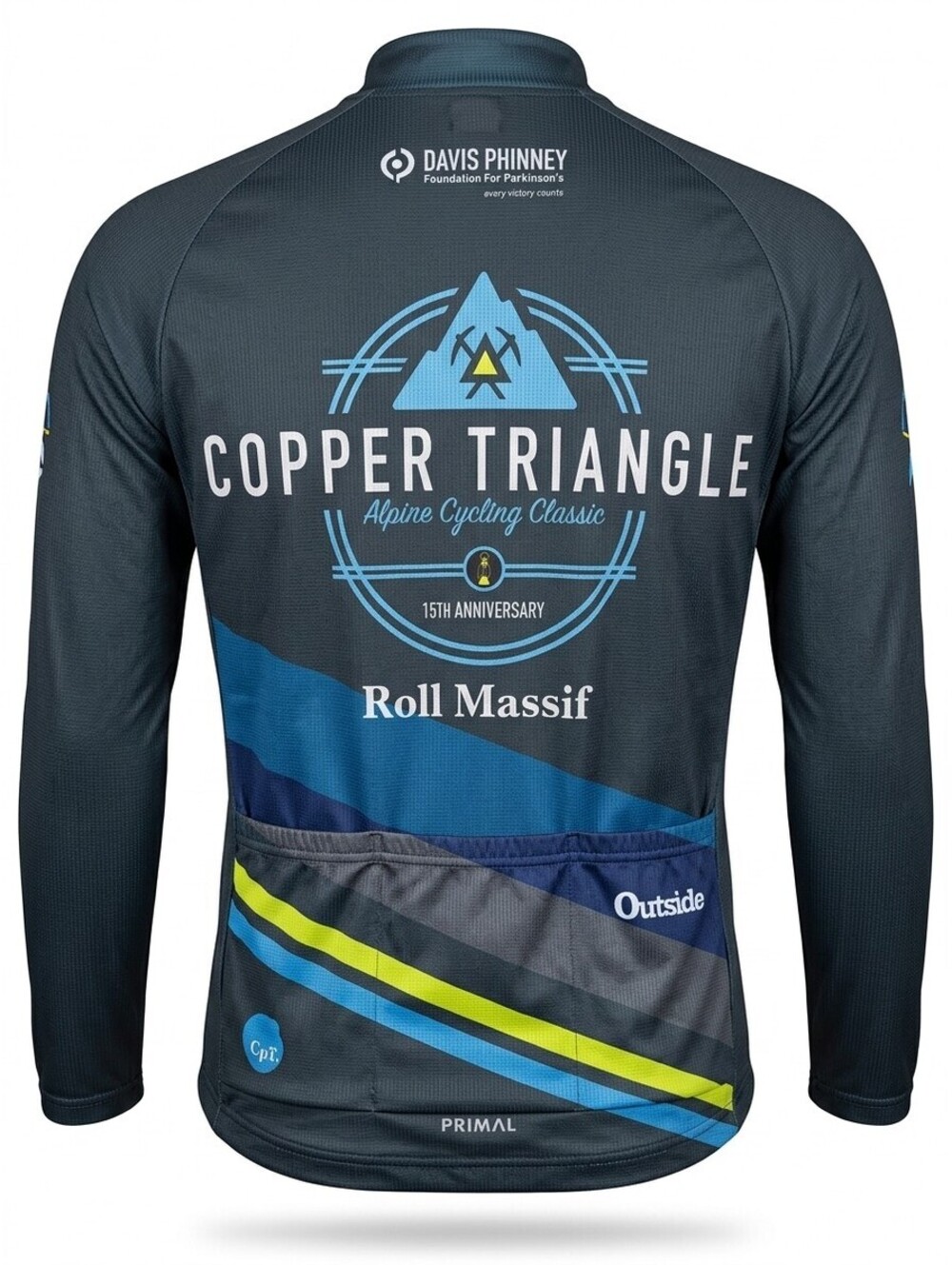 Primal Wear Copper Triangle 15th Anniversary Cycling Jersey Mens L Gray Blue NWT